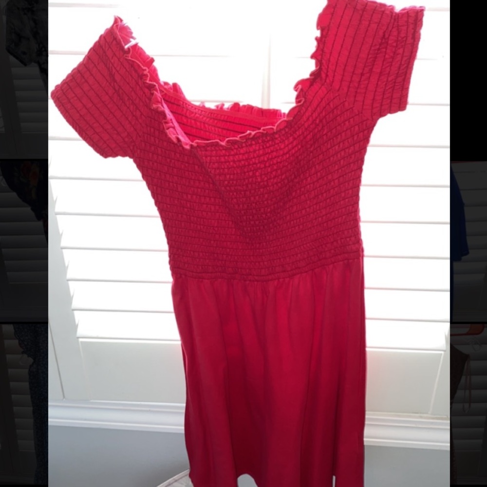 Off the shoulder dress.